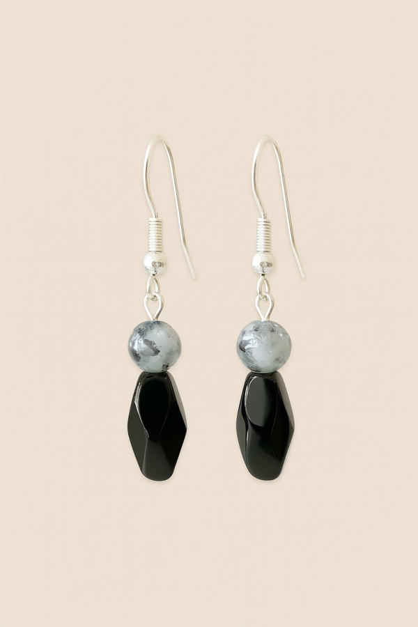 Black Faceted Teardrop & Marbled Earrings