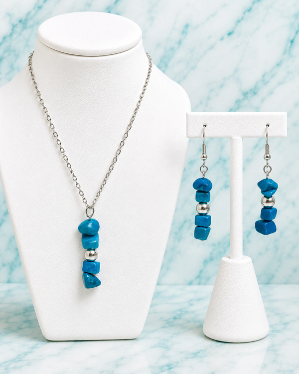 Turquoise Blue Chip Glass Necklace & Earrings Set