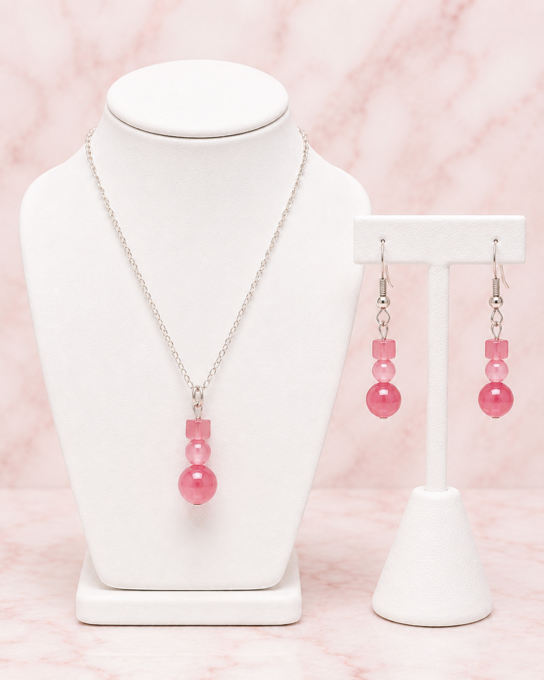 Soft Pink Glass Bead Necklace & Earrings Set