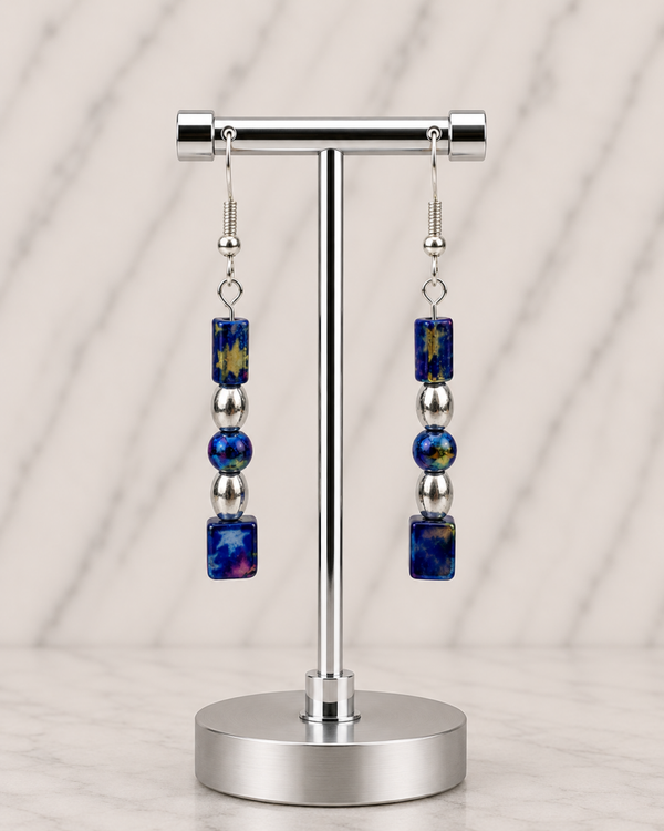 Iridescent Blue-Pink Cubes & Silver Rounds