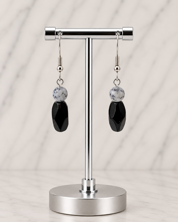 Black Faceted Teardrop & Marbled Earrings