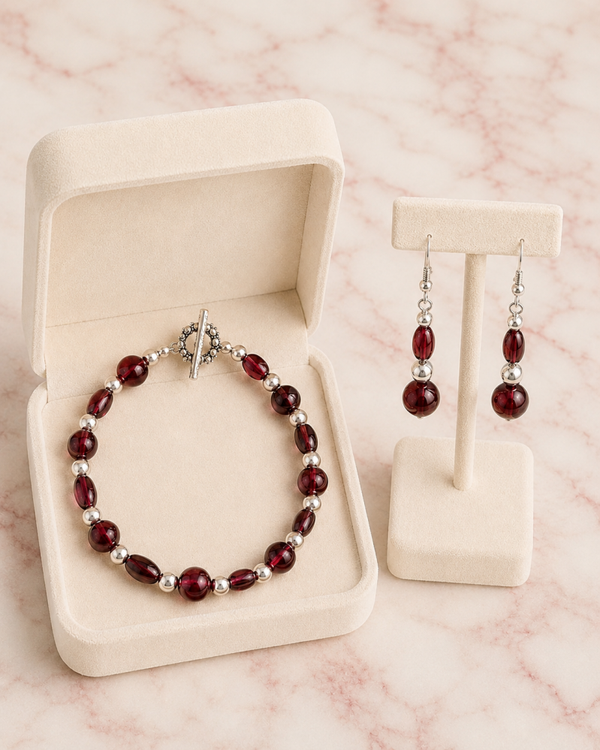 Deep Red & Silver Glass Bead Bracelet & Earring Set