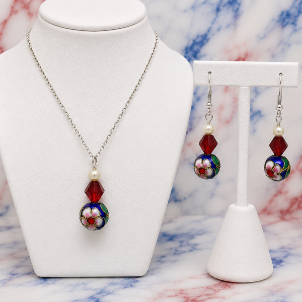 Red Cloisonné Floral Bead Necklace & Earrings Set