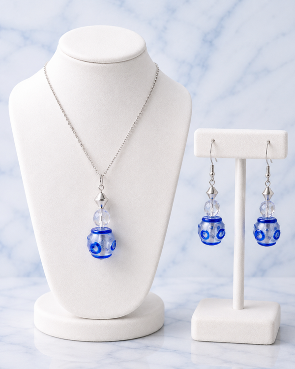 Blue Swirl Glass Bead Necklace & Earrings Set
