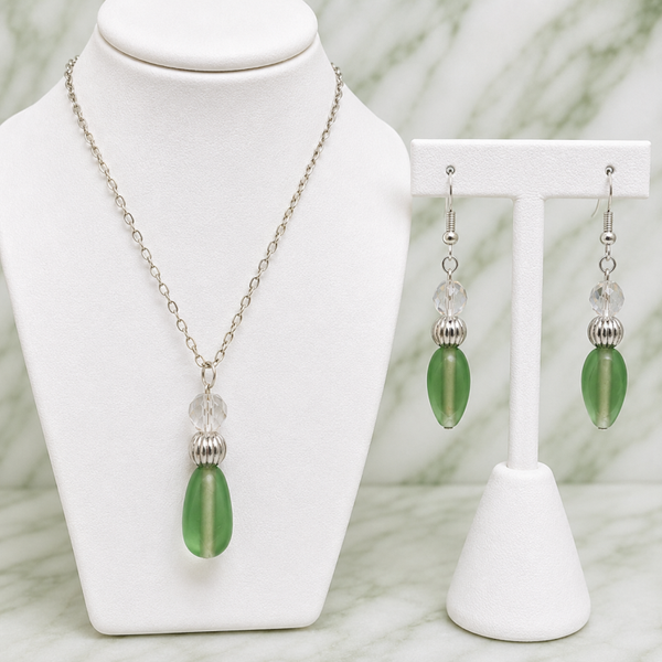Green Teardrop & Crystal Necklace & Earrings Set