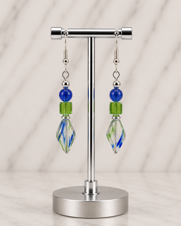 Blue, Green & Clear Twisted Drop Earrings