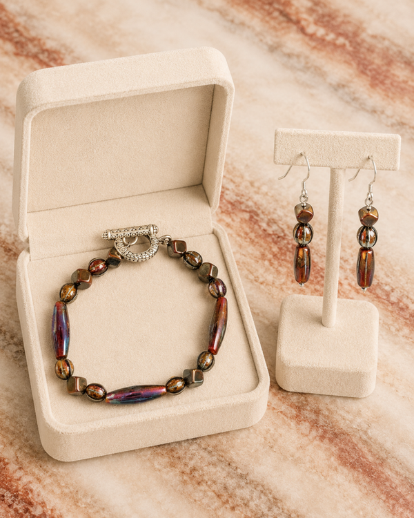 Iridescent Bronze Glass Bead Bracelet & Earring Set