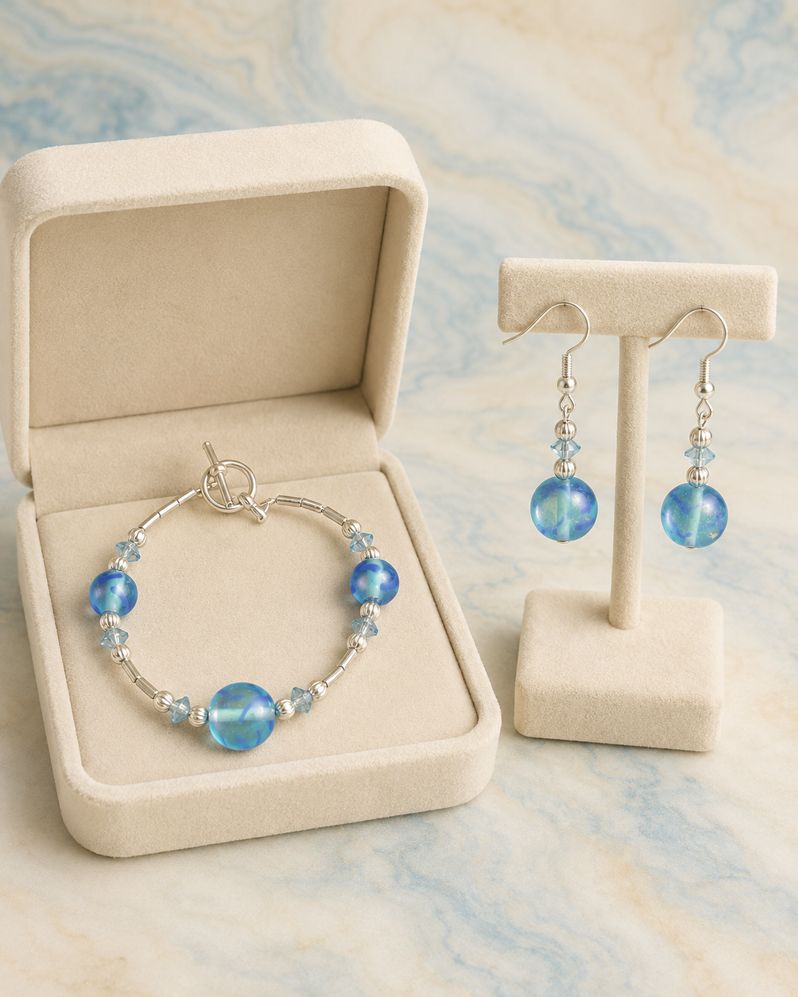 Ocean Swirl Glass Bead Bracelet & Earring Set