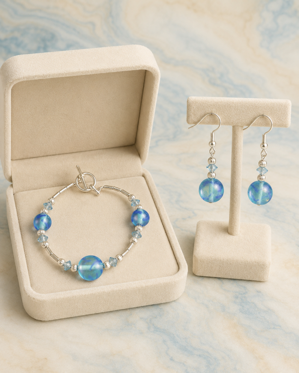 Ocean Swirl Glass Bead Bracelet & Earring Set