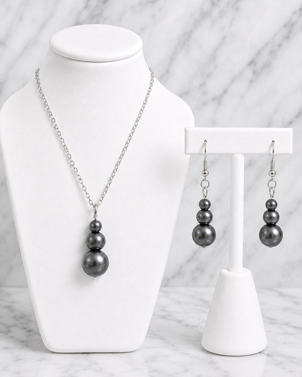 Gunmetal Gray Pearl Drop Necklace & Earrings Set