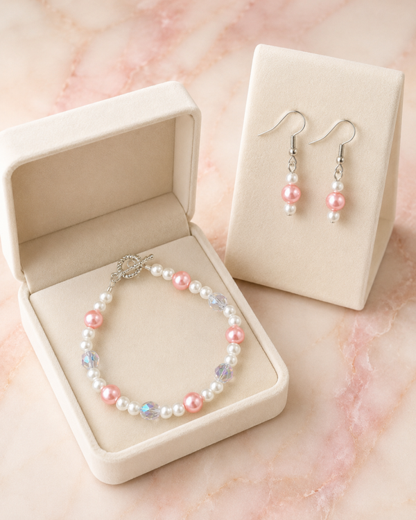 Pink & White Pearl Bracelet & Earring Set