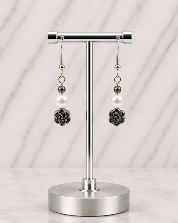 Pearl & Silver-Tone Rose Charm Earrings