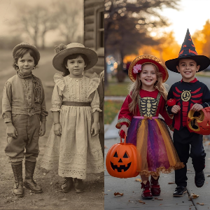Historical kids and modern kids in Halloween costumes