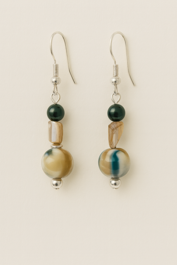 Earth Toned Green & Marbled Round Bead Earrings