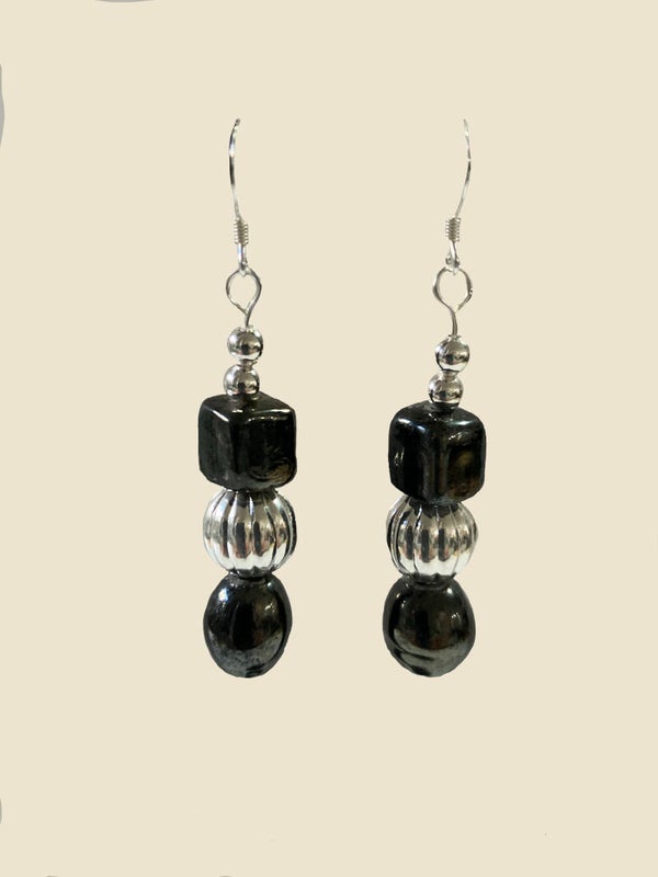 Black Metallic Bead & Silver Accent Earrings