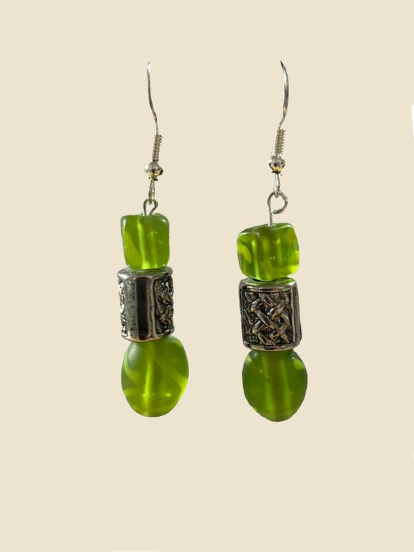 Lime Green Glass Bead Earrings with Silver Cylinder Accent