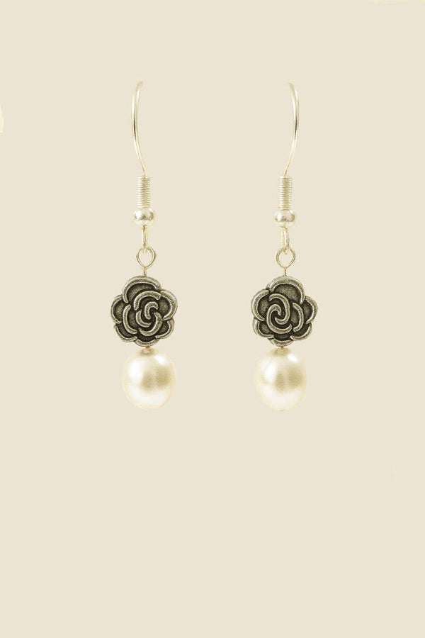 Pearl & Silver-Tone Rose Charm Earrings