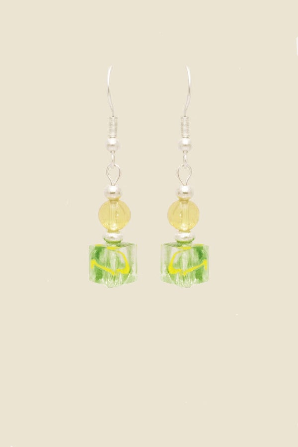 Lemon-Yellow with Clear Green Cube Beads