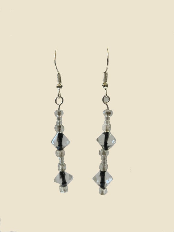 Long Clear & Black Bead Dangle Earrings