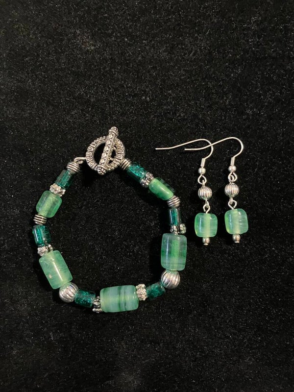 Seafoam & Emerald Bead Bracelet & Earring Set