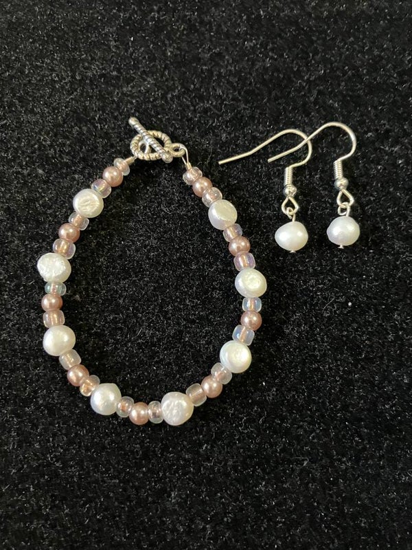 Soft Rose & Pearl-Inspired Glass Bead Bracelet + Earrings