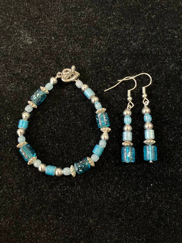 Aqua Cube Bead Bracelet & Earring Set