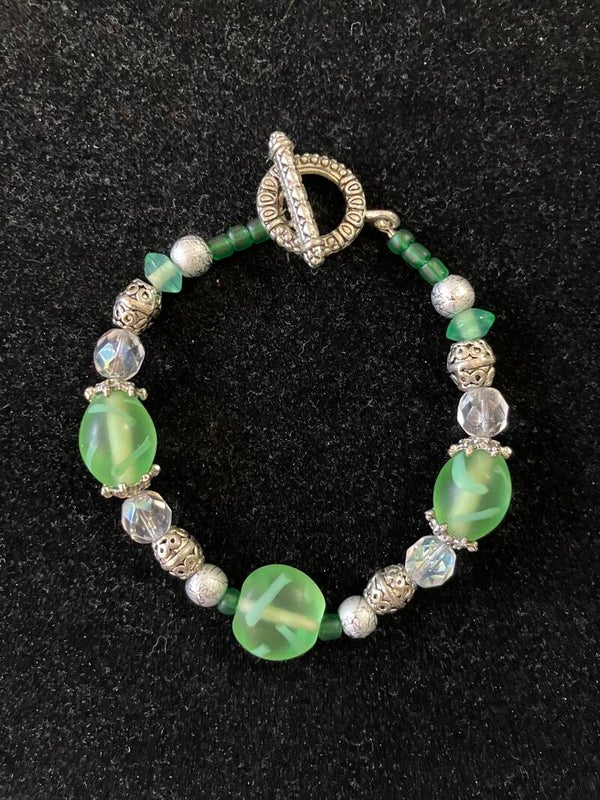 Green Frosted Glass & Silver-Tone Accent Bracelet