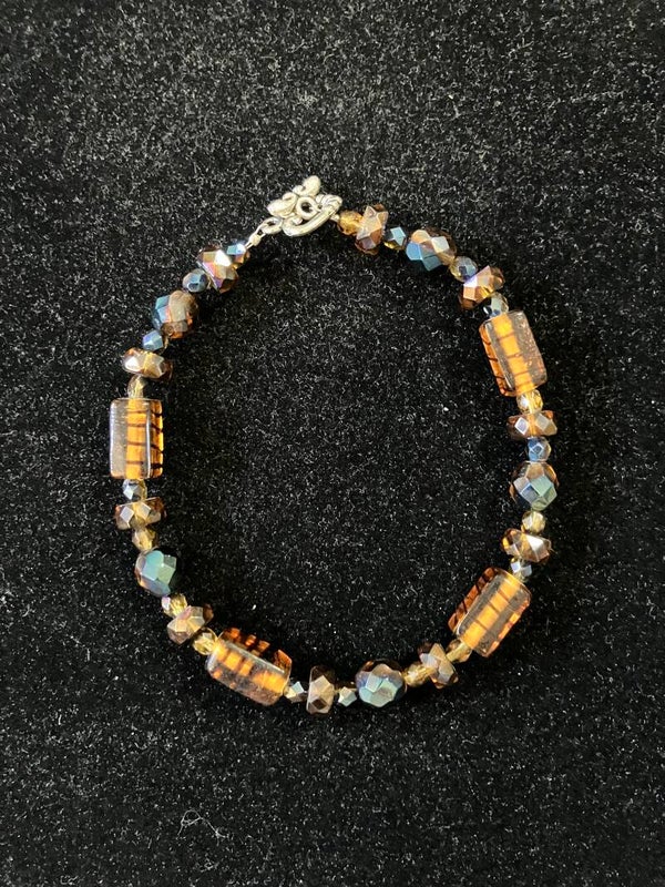 Bronze & Amber Glass Crystal Bead Bracelet