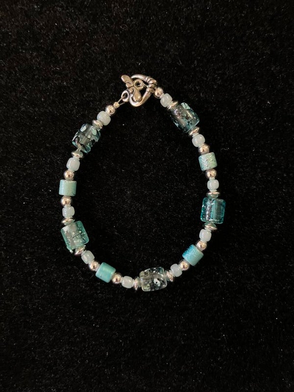 Ocean Glass & Silver Bead Bracelet