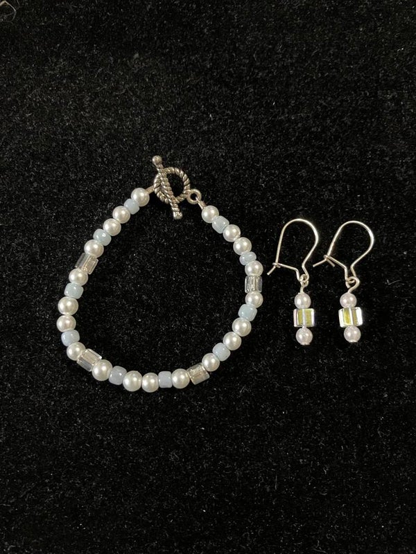 Soft Blue & Pearl Bead Bracelet + Earrings