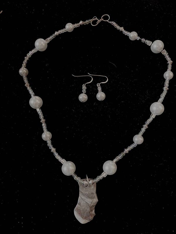 Moonlit Agate Pendant Necklace with Pearl-Inspired Beaded Sterling Silver Earrings