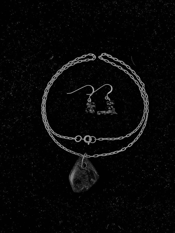 Volcanic Calm Basalt Stone Necklace with Sterling Silver Earrings