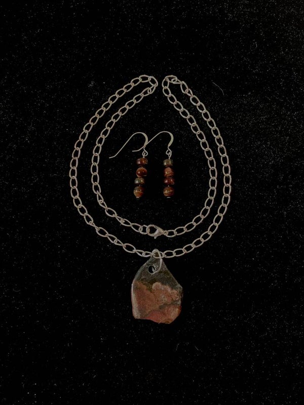 Earthbound Fire Brecciated Jasper Pendant Necklace with Beaded Sterling Silver Earrings
