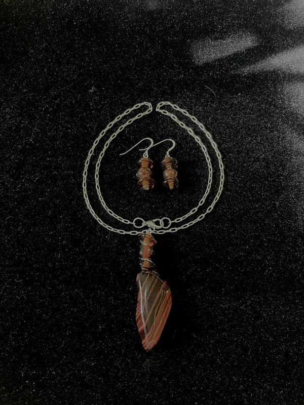 Tiger’s Eye Flame Pendant Necklace with Beaded Sterling Silver Earrings