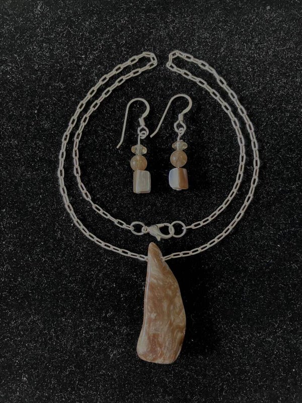 Rooted in Time Petrified Wood Pendant Necklace with Sterling Silver Earrings