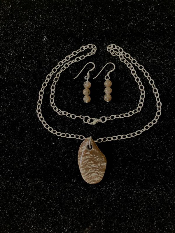 Ancient Whispers Petrified Wood Pendant Necklace with Beaded Sterling Silver Earrings