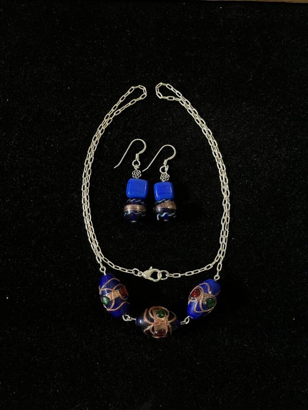 Royal Blue Cloisonné-Inspired Glass Bead Necklace & Earring Set