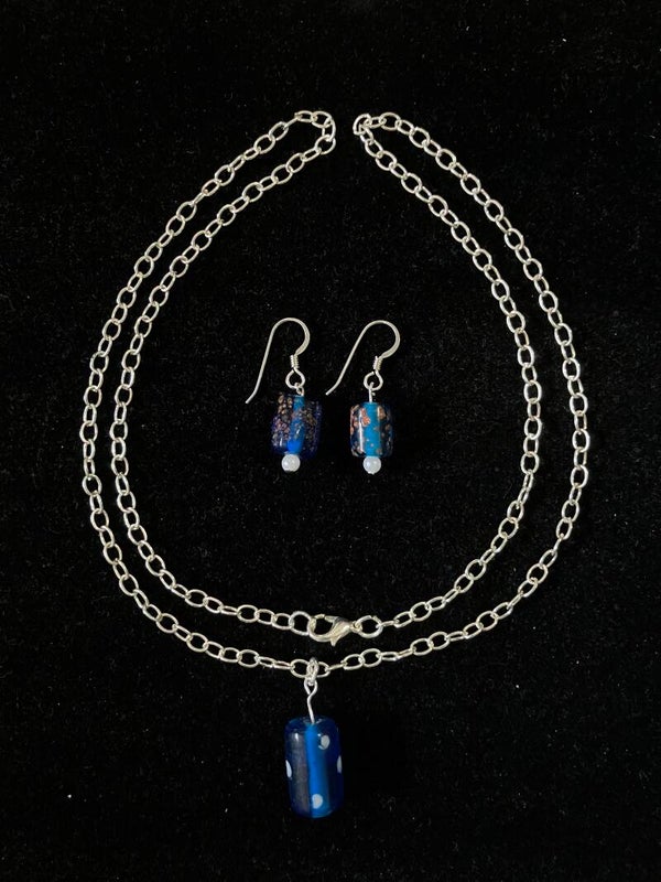 Navy Blue with Polka Dot Glass Pendant & Earrings