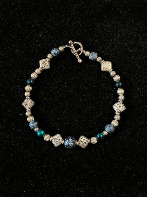 Blue Sparkle & Silver Filigree Bead Bracelet