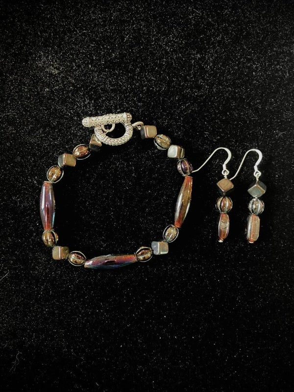 Iridescent Bronze Glass Bead Bracelet & Earring Set