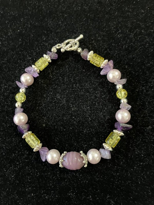 Lilac, Yellow and Pearl Beads with Center Carved Bead