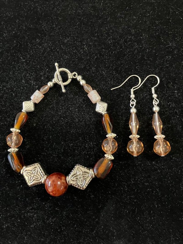 Amber Brown Glass & Silver Bead Bracelet & Earring Set