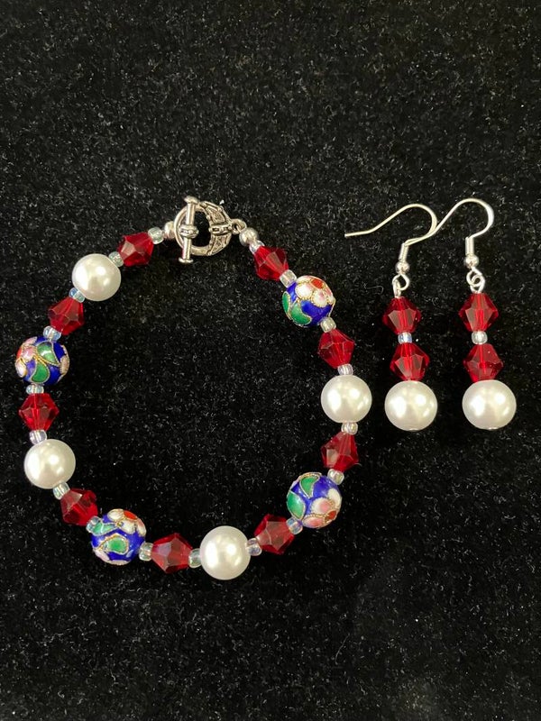 Red Crystal, Cloisonné & Pearl Bracelet & Earring Set