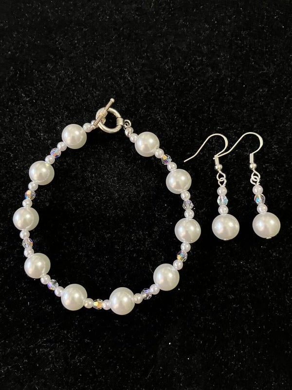 Pearl & AB Crystal Bracelet & Earring Set