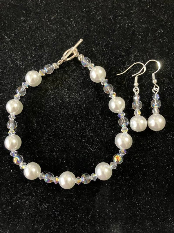 White Pearl and Iridescent Crystal Bracelet & Earring Set