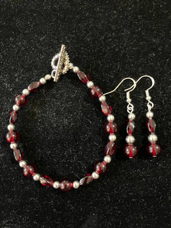 Deep Red & Silver Glass Bead Bracelet & Earring Set