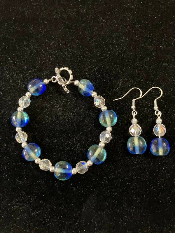Blue & Clear Green Glass Bead Bracelet & Earring Set