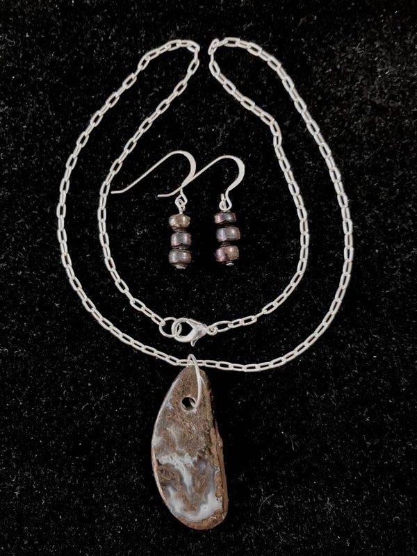 Moss Agate Earthscape Pendant Necklace with Beaded Sterling Silver Earrings