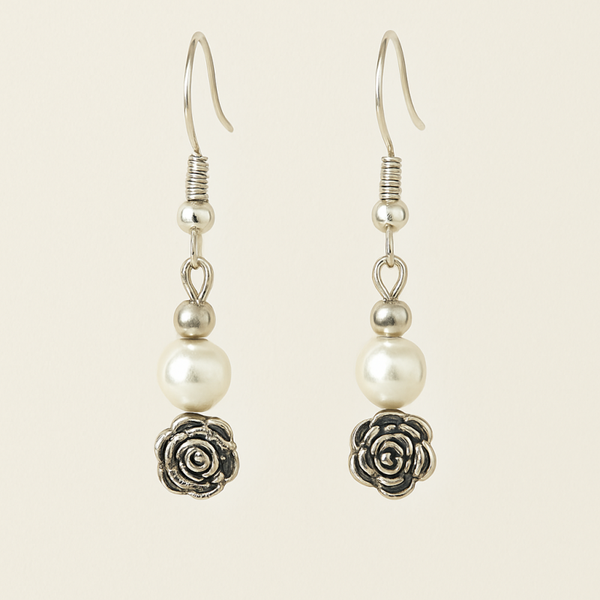 Pearl & Silver-Tone Rose Charm Earrings