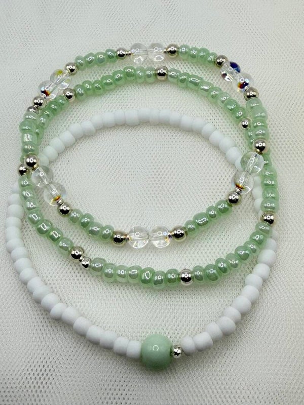 Sage Green Crystal Accent Stacking Bracelets – Spring Glass Bead Stretch Stack with Clear Sparkle